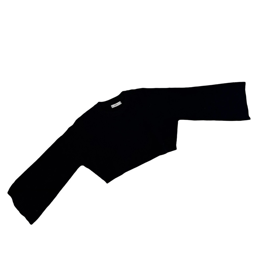 ZARA Knit Women's Designer Black Cropped Sweater Wide Kimono Sleeves Stretchy S - Picture 2 of 7